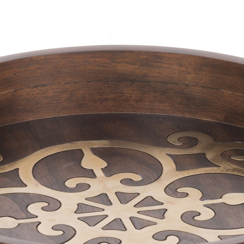 Decorative Tray | 18’’ Round | Brass Inlay | Brown Wood Frame BM286369