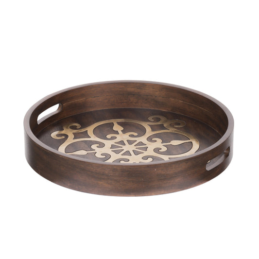 18 Inch Round Decorative Tray Brass Inlaid Design and Brown Wood Frame By Casagear Home BM286369