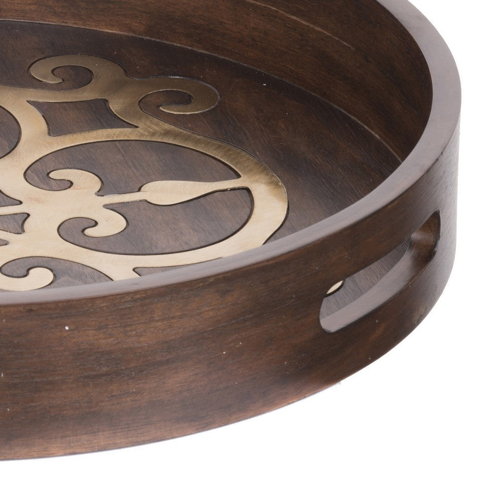 Decorative Tray | 18’’ Round | Brass Inlay | Brown Wood Frame BM286369
