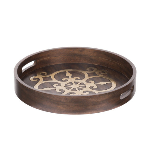 Decorative Tray | 18" Round | Brass Inlay | Brown Wood Frame
