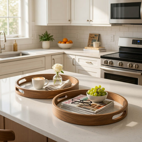 Decorative Trays | 18", 15" | Round | Marble Effect | Brown Frame