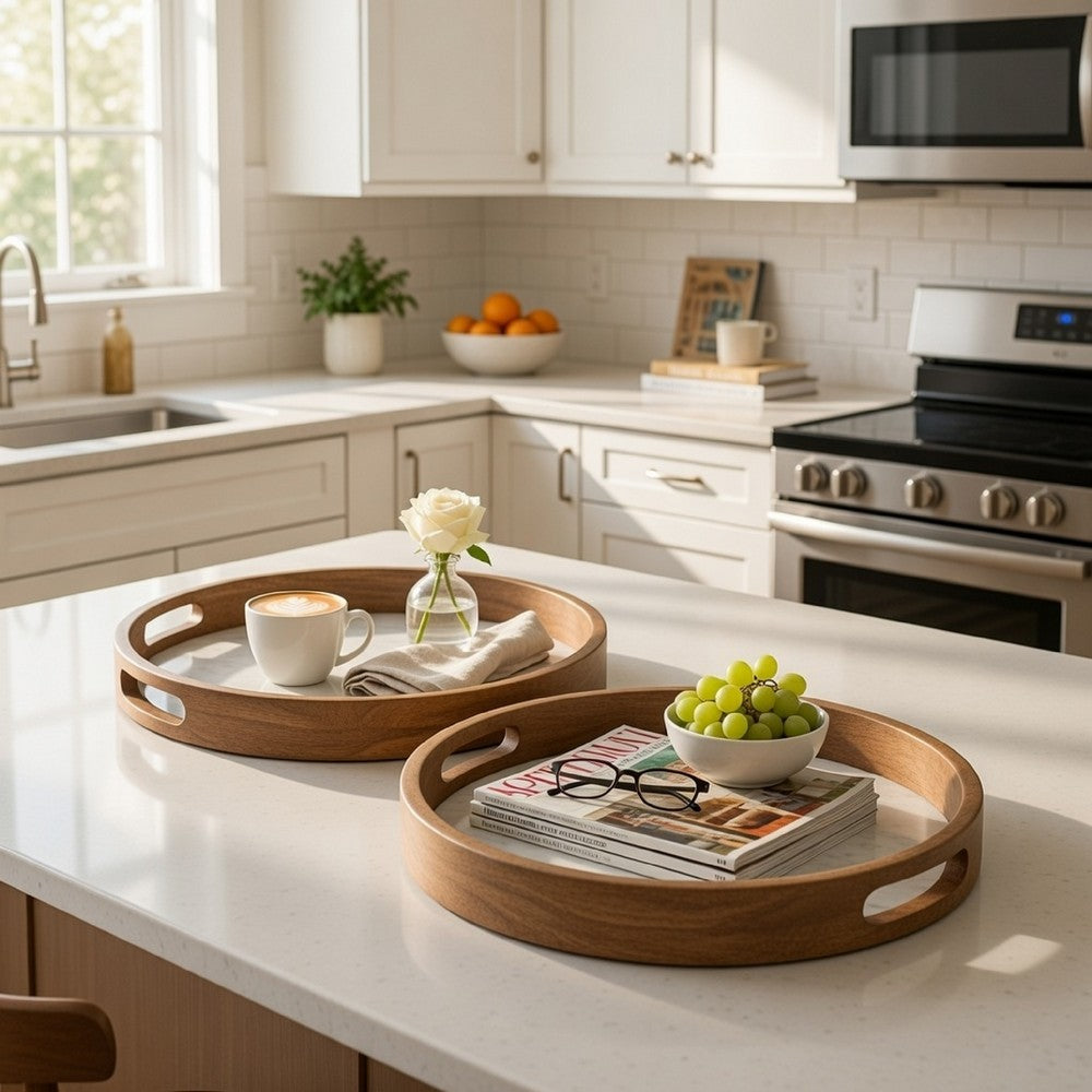 Decorative Trays | 18", 15" | Round | Marble Effect | Brown Frame