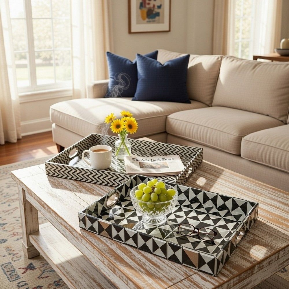 Decorative Trays | Set of 2 | 25" | Black White Wood | Art Deco
