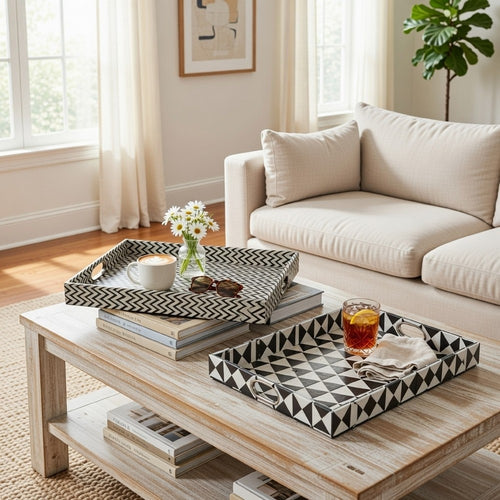 Decorative Trays | Set of 2 | 25" | Black White Wood | Art Deco