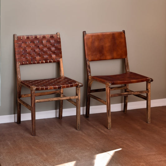 34 Inch Set of 2 Wood Dining Chairs, Leather Woven Back and Seat, Brown By Casagear Home