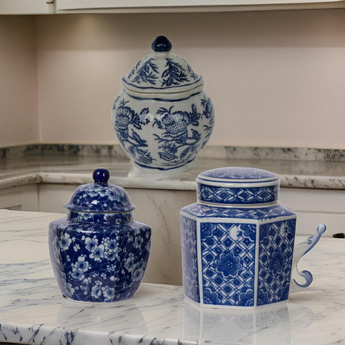 Lidded Jars | Set of 3 | 6", 6", 7" | Persian Blue Floral