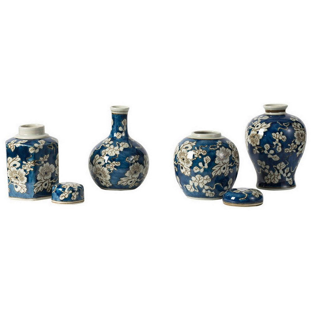 Set of 4 Lidded Jars and Vases Classic Curved Round Blue and White Ceramic By Casagear Home BM286403