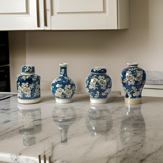 Lidded Jars & Vases | Set of 4 | Blue White Ceramic | Curved Round