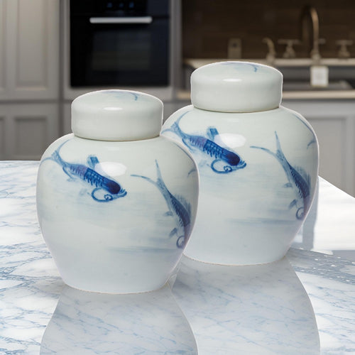 Ginger Jars | Set of 2 | 8" | Painted Koi Fish | Blue White Porcelain