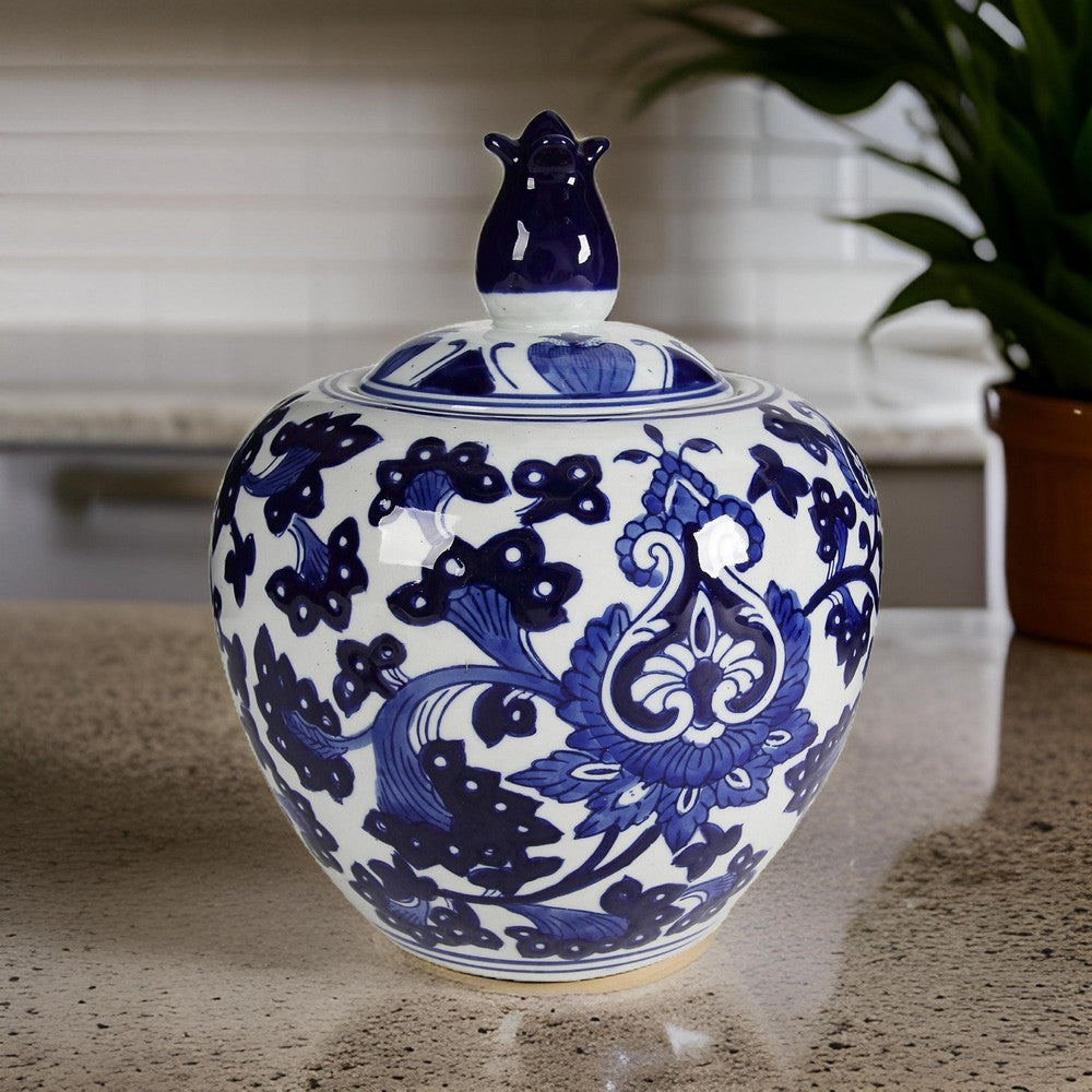 10 Inch Lidded Jar, Round Persian Floral Print, Blue and White Porcelain By Casagear Home