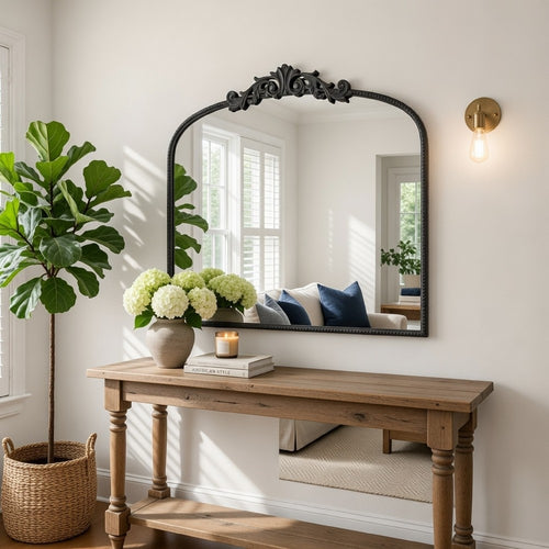 Kea Wall Mirror | 41" | Arched Metal Frame | Baroque Design | Black
