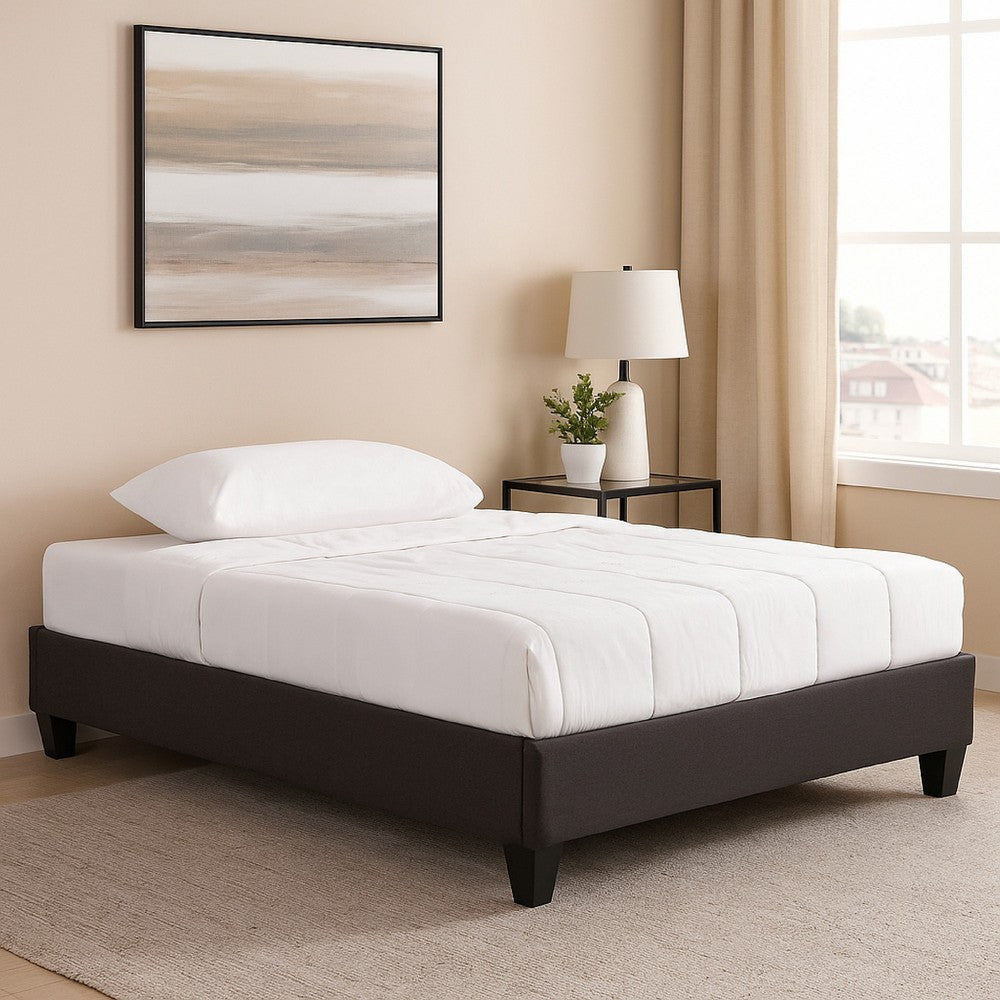 Cleo Queen Size Bed Frame, Solid Wood, Soft Dark Gray Linen Upholstery