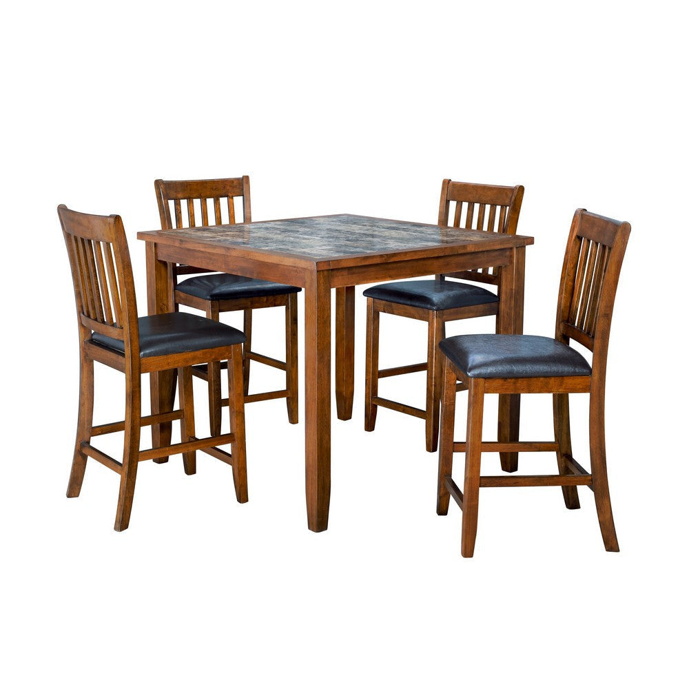 5 Piece Counter Height Dining Table Set, Dark Acacia Wood, Brown, Black By Casagear Home