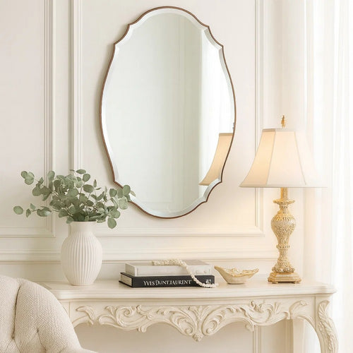 Wall Mirror | 28 x 42 | Round Accent | Bronze Gold Curved Frame