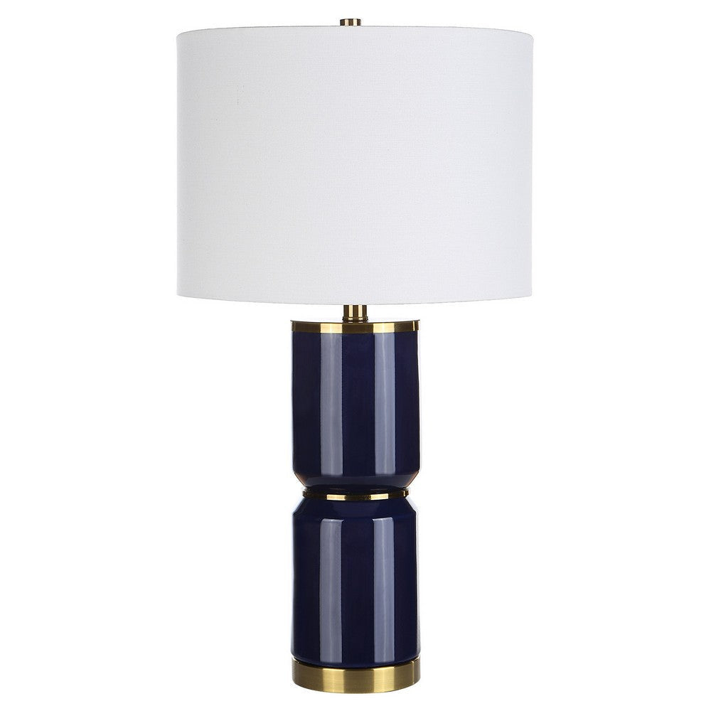 26 Inch Modern Table Lamp Hardback Linen Shade Ceramic Body Blue Gold By Casagear Home BM286558