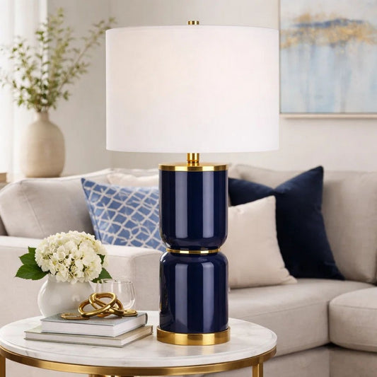 Table Lamp | 26" | Ceramic Body | Linen Shade | Blue Gold