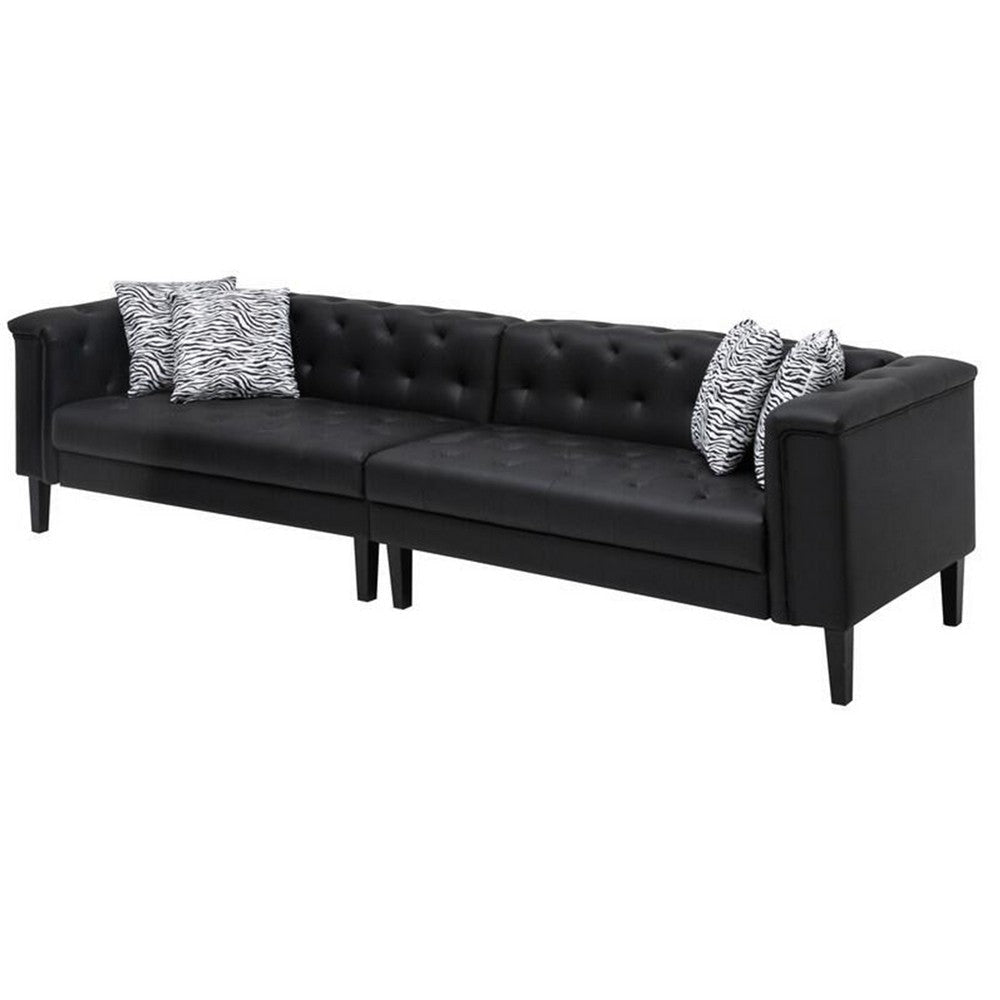 Ella 120 Inch 4 Seater Sofa, Deep Button Tufted, Black Vegan Faux Leather By Casagear Home