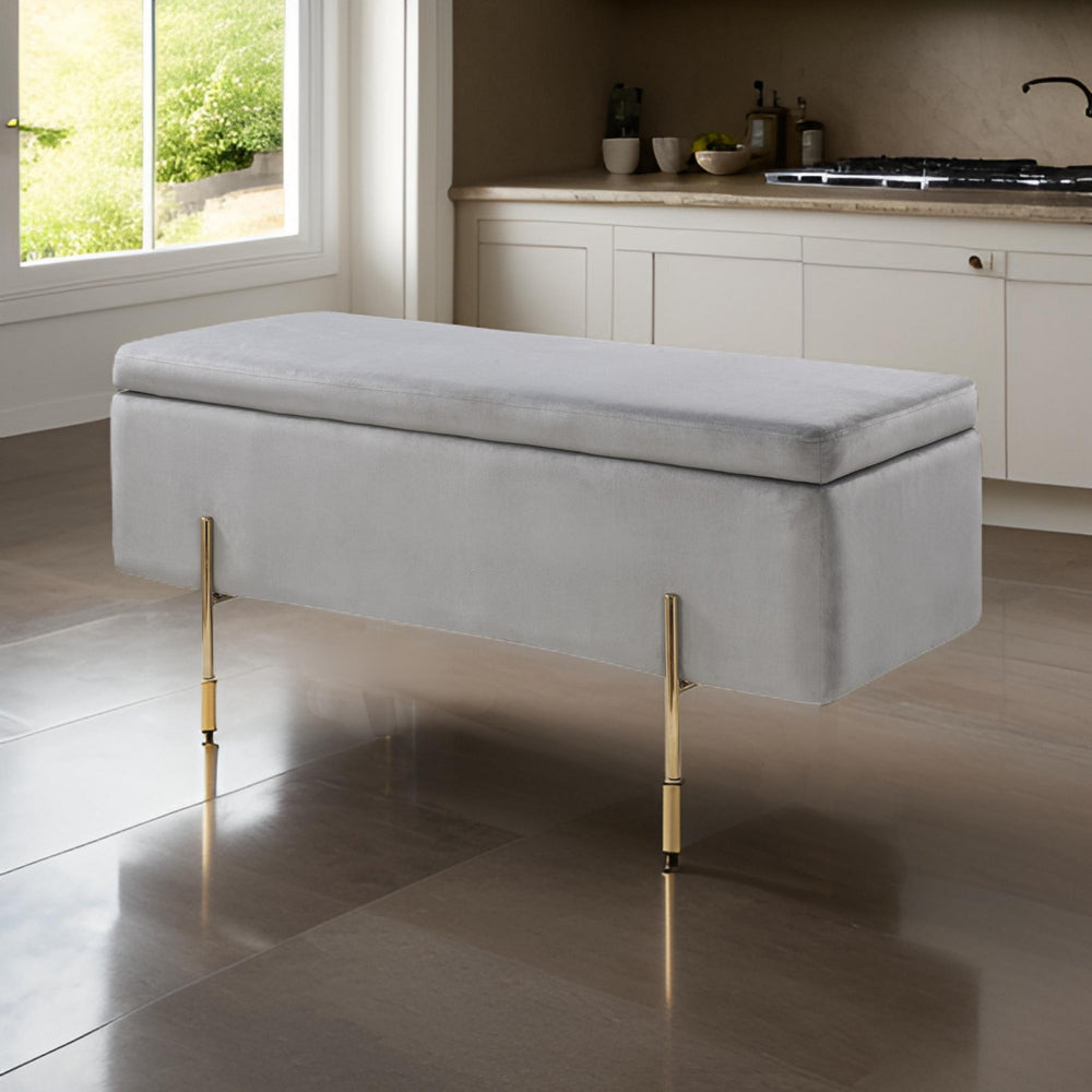 Jaxon 45 Inch Storage Bench with Wood Frame, Gold Metal Legs, Gray Velvet By Casagear Home