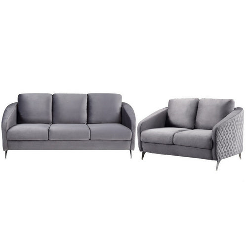 Hida 2 Piece Sofa and Loveseat Set, Diamond Stitching, Smooth Gray Velvet