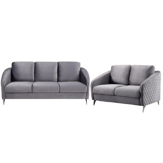 Hida 2 Piece Sofa and Loveseat Set, Diamond Stitching, Smooth Gray Velvet