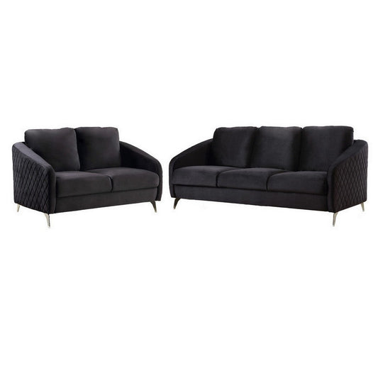 Hida 2 Piece Sofa and Loveseat Set, Diamond Stitching, Smooth Black Velvet By Casagear Home