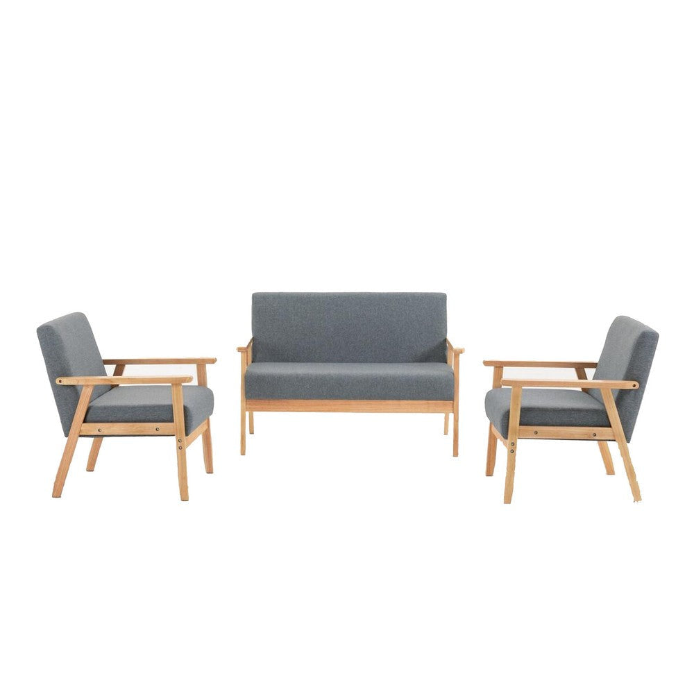 Gala Set | 3 Piece | Loveseat & Chairs | Gray Fabric | Brown Frame