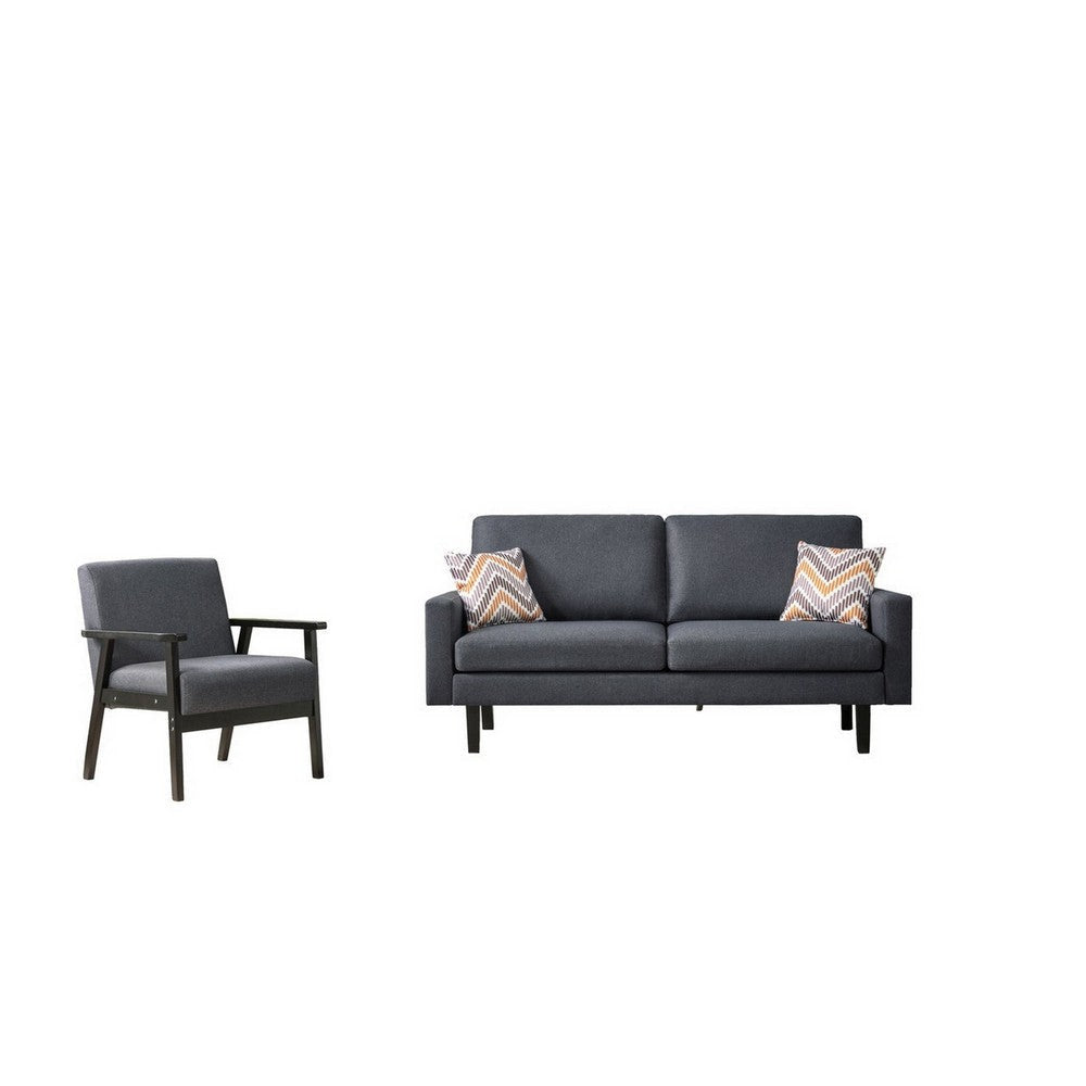 Gala 2pc Sofa and Chair Set, Slate Gray Fabric, 2 Pillows, Black Wood Frame By Casagear Home