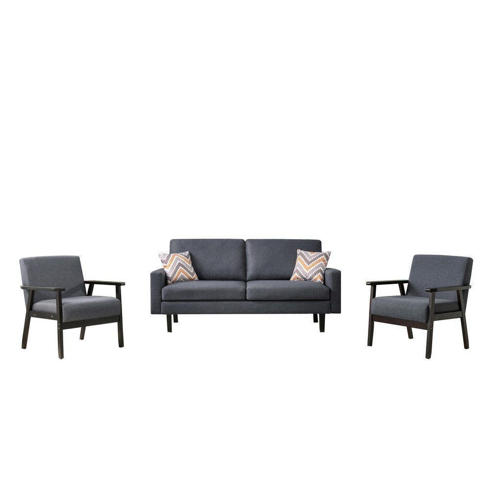 Gala Set | 3 Piece | Sofa & Chairs | Gray Fabric | Pillows | Black Frame