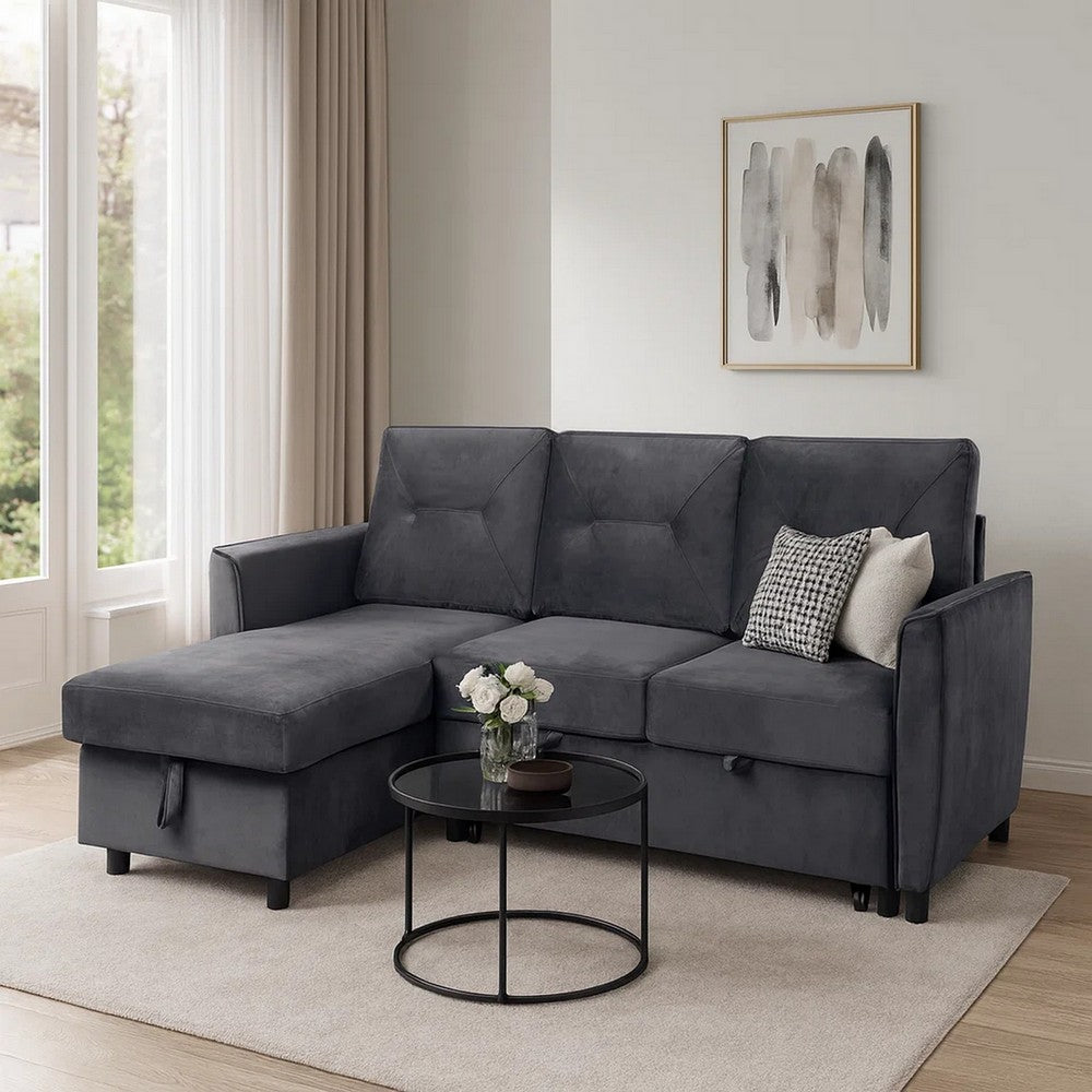 83 Inch Reversible Sleeper Sectional Sofa with Storage Chaise, Gray Velvet