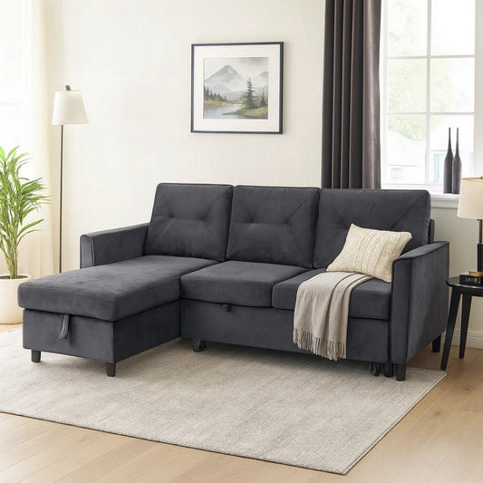 83 Inch Reversible Sleeper Sectional Sofa with Storage Chaise, Gray Velvet