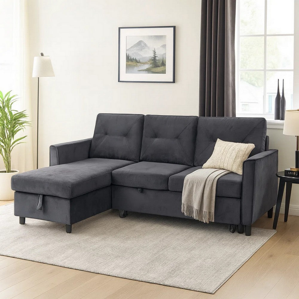 83 Inch Reversible Sleeper Sectional Sofa with Storage Chaise, Gray Velvet