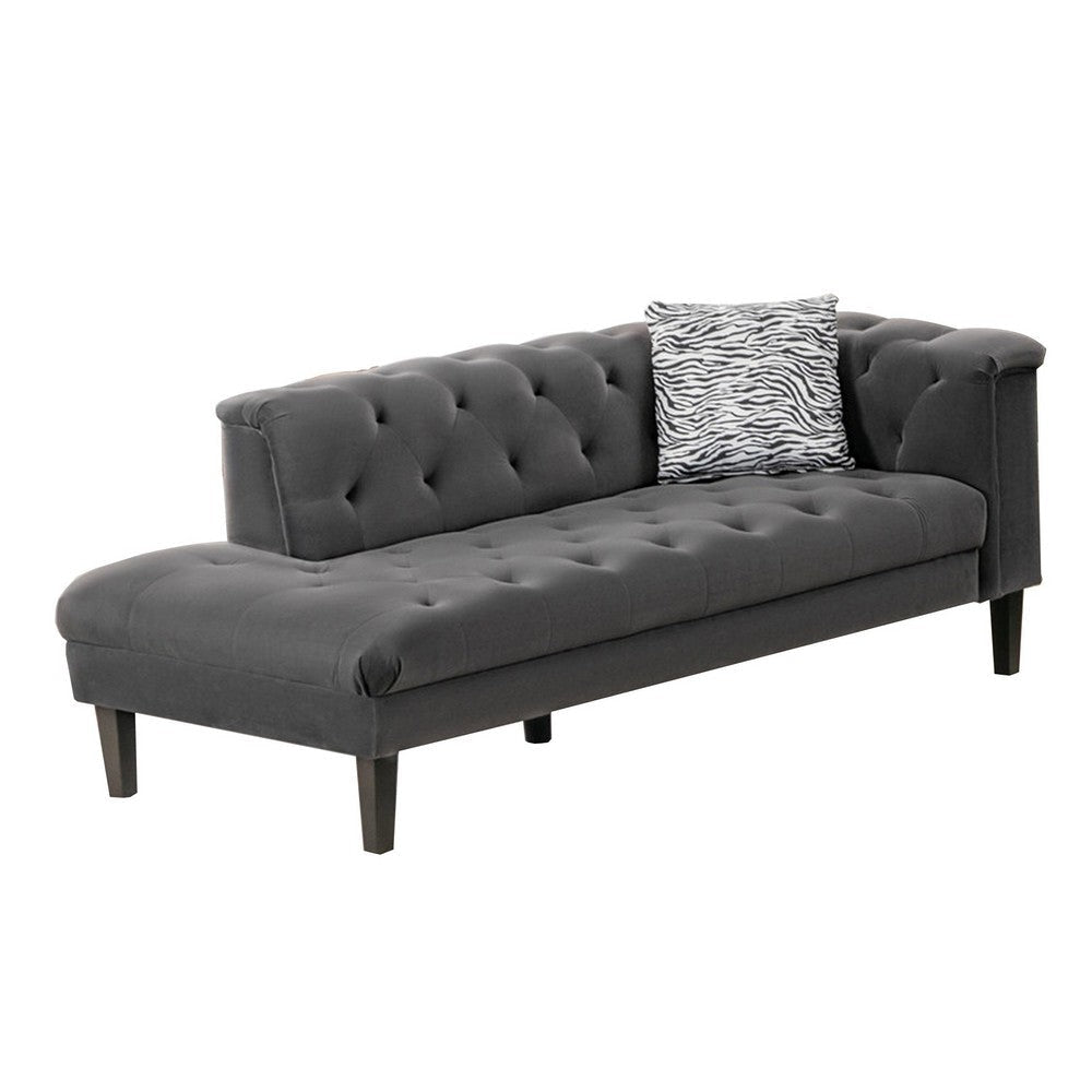 Aki 77 Inch Chaise Lounger with Pillow, Deep Button Tufted, Gray Velvet By Casagear Home