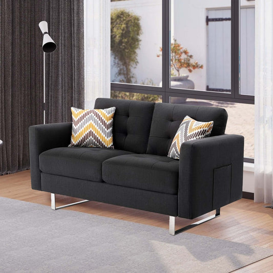Caden 54 Inch Modern Loveseat with Side Pocket and 2 Pillows, Dark Gray By Casagear Home