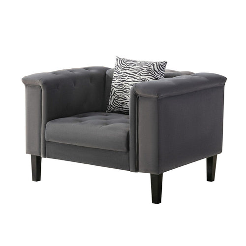 Aki Accent Chair | 44" | With Pillow | Tufted | Gray Velvet