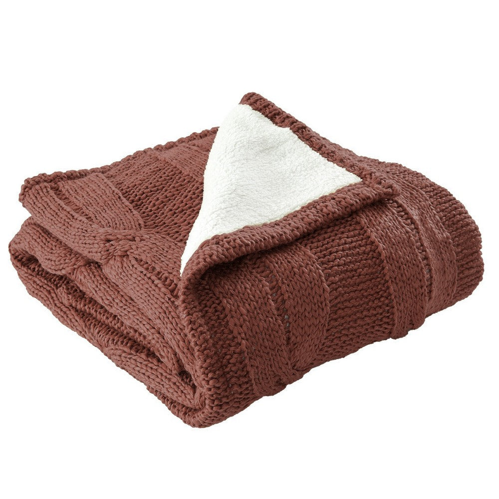 Lois 50 x 60 Throw Blanket Cable Knit and Sherpa, Acrylic, Nutmeg, White By Casagear Home