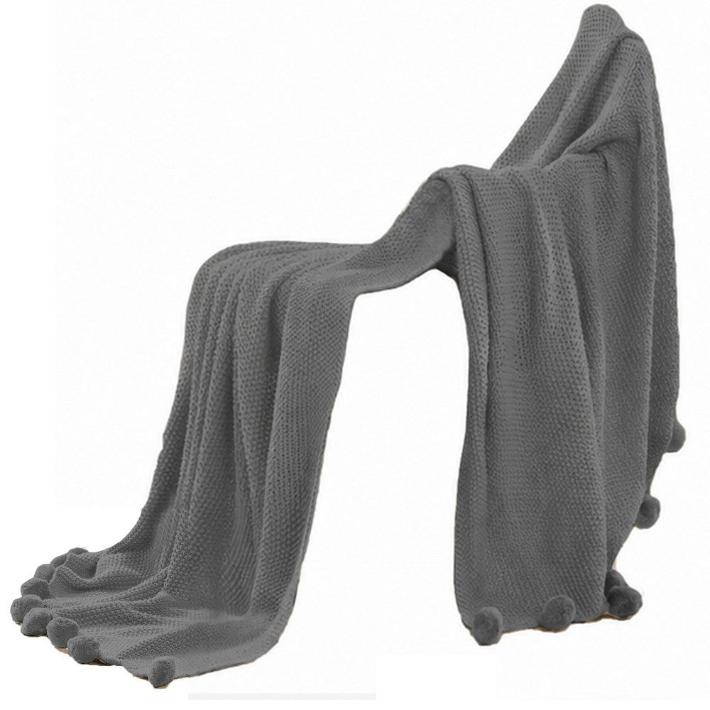 Nick Throw Blanket | 50 x 70 | Knit with Pom Poms | Stone Gray