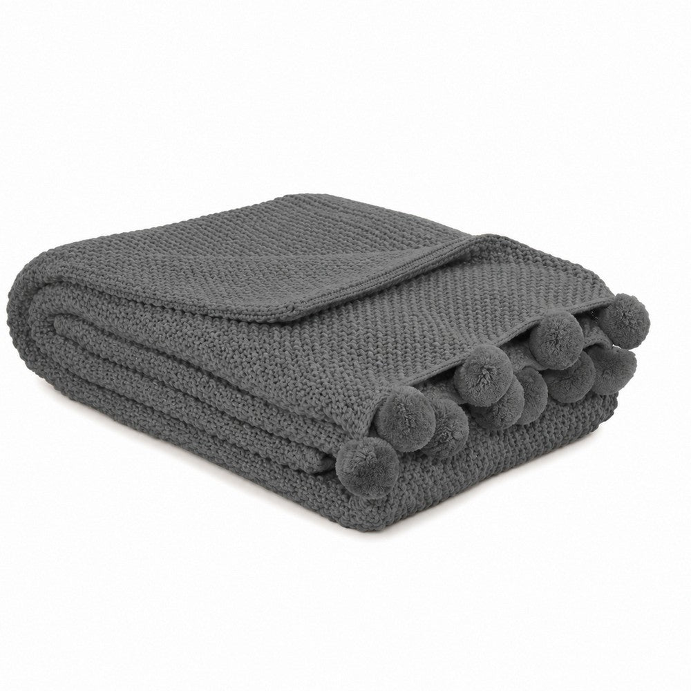 Nick Throw Blanket | 50 x 70 | Knit with Pom Poms | Stone Gray