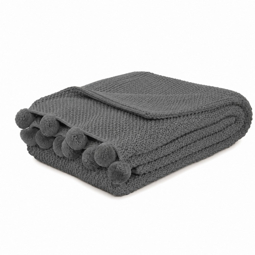 Nick Throw Blanket | 50 x 70 | Knit with Pom Poms | Stone Gray