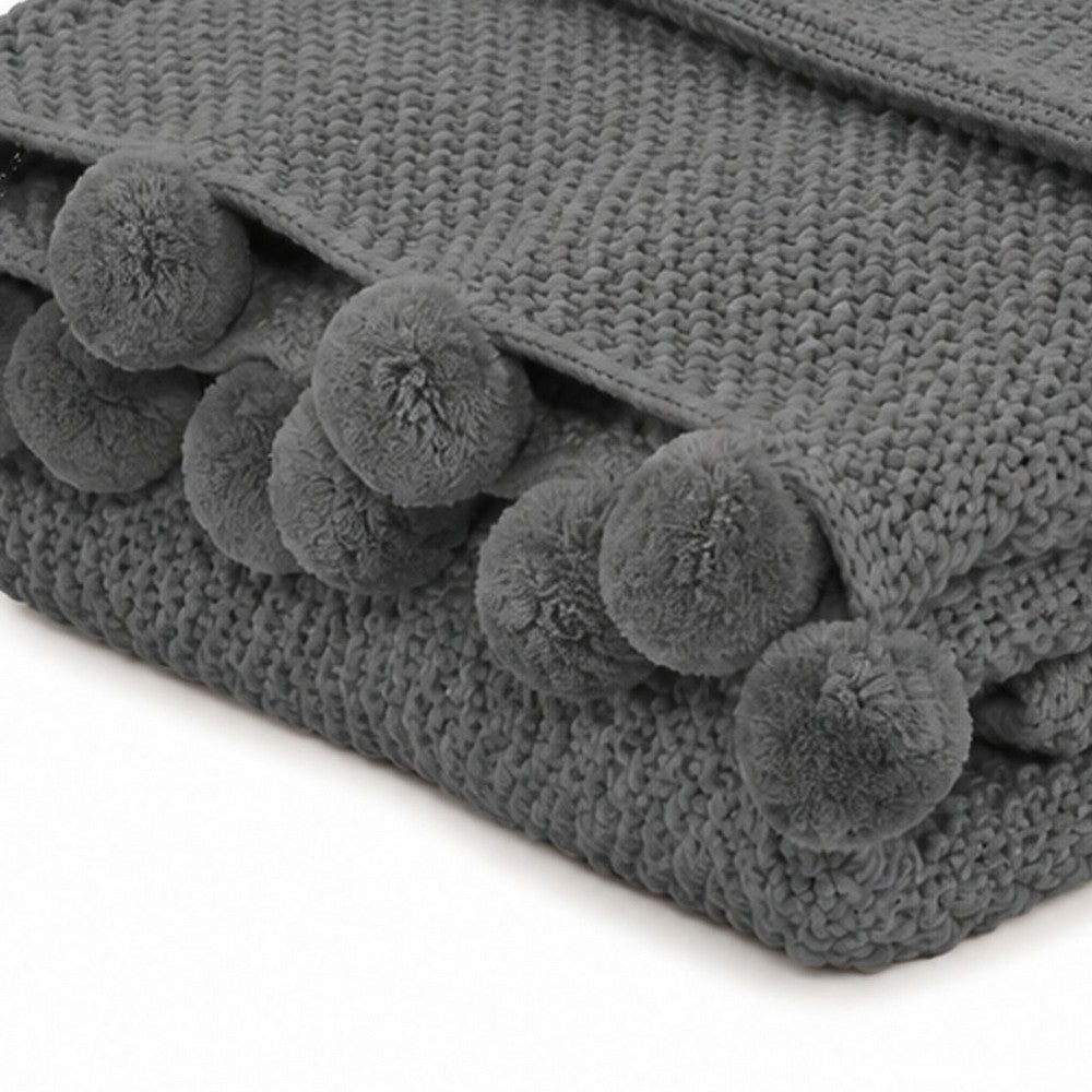 Nick Throw Blanket | 50 x 70 | Knit with Pom Poms | Stone Gray