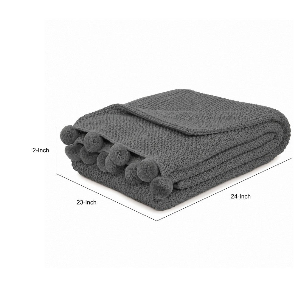 Nick Throw Blanket | 50 x 70 | Knit with Pom Poms | Stone Gray