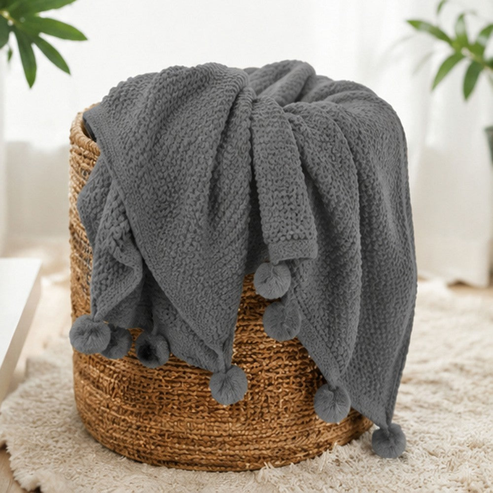 Nick Throw Blanket | 50 x 70 | Knit with Pom Poms | Stone Gray