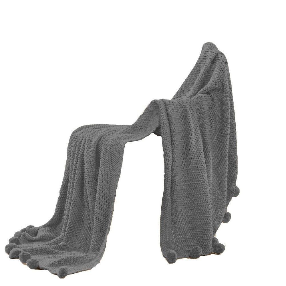 Nick Throw Blanket | 50 x 70 | Knit with Pom Poms | Stone Gray