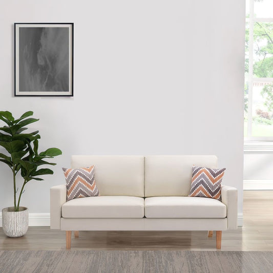Gala Sofa, Crisp Soft Beige Linen Fabric, 2 Pillows, Brown Solid Wood Frame By Casagear Home