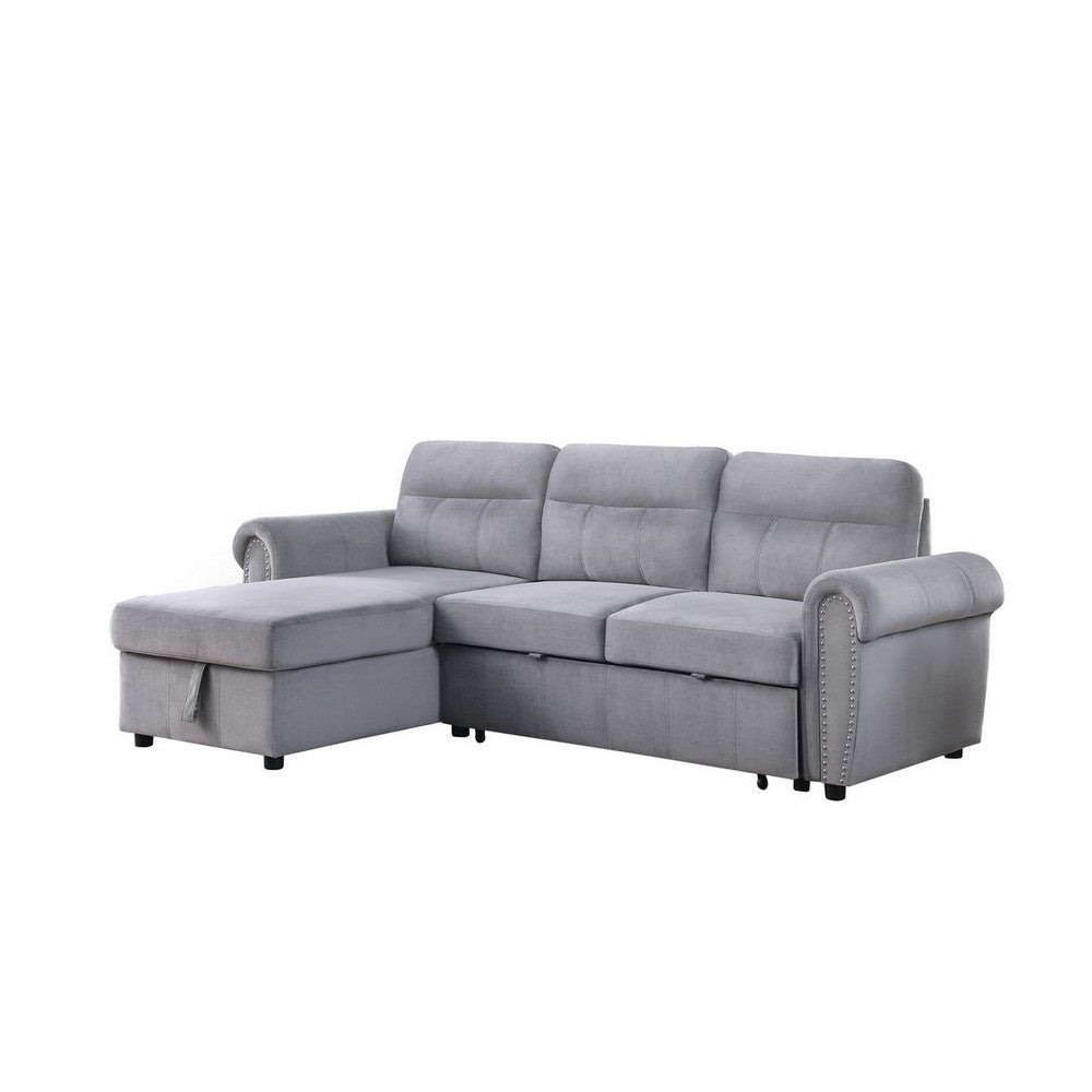 Irma 97 Inch 2 Piece Sectional Sofa, Pull Out Bed, Rolled Arm, Gray Velvet