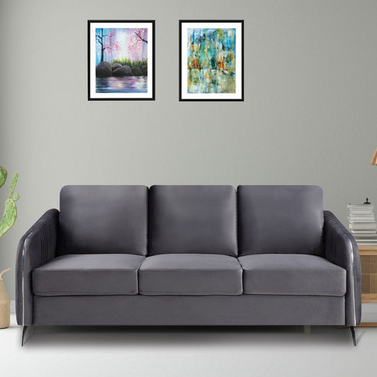 77 Inch Modern Sofa, Vertical Quilted Design, Light Gray Velvet Fabric By Casagear Home
