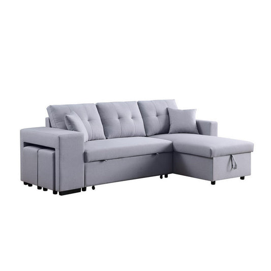 Everett 93 Inch Sleeper Sectional Sofa, Storage Chaise, Stools, Light Gray