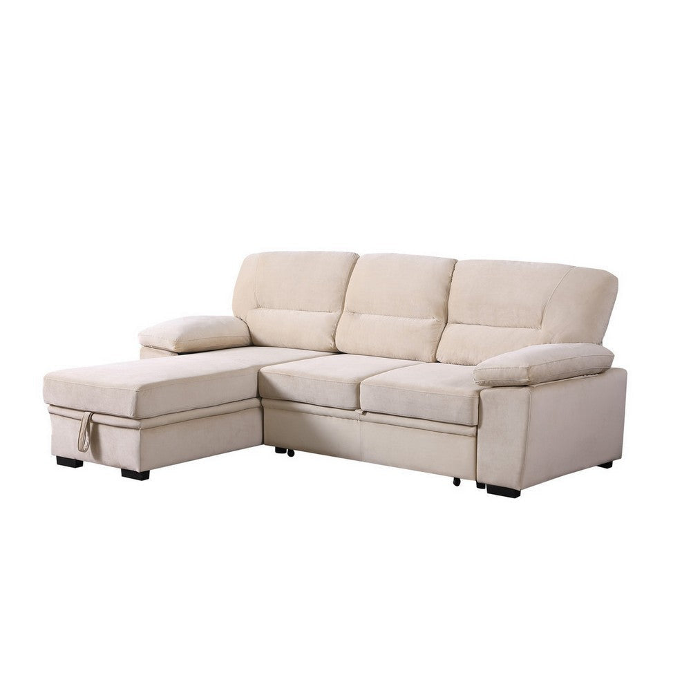Exie 98 Inch 2 Piece Sectional Sofa, Pull Out Bed, Storage, Beige Velvet