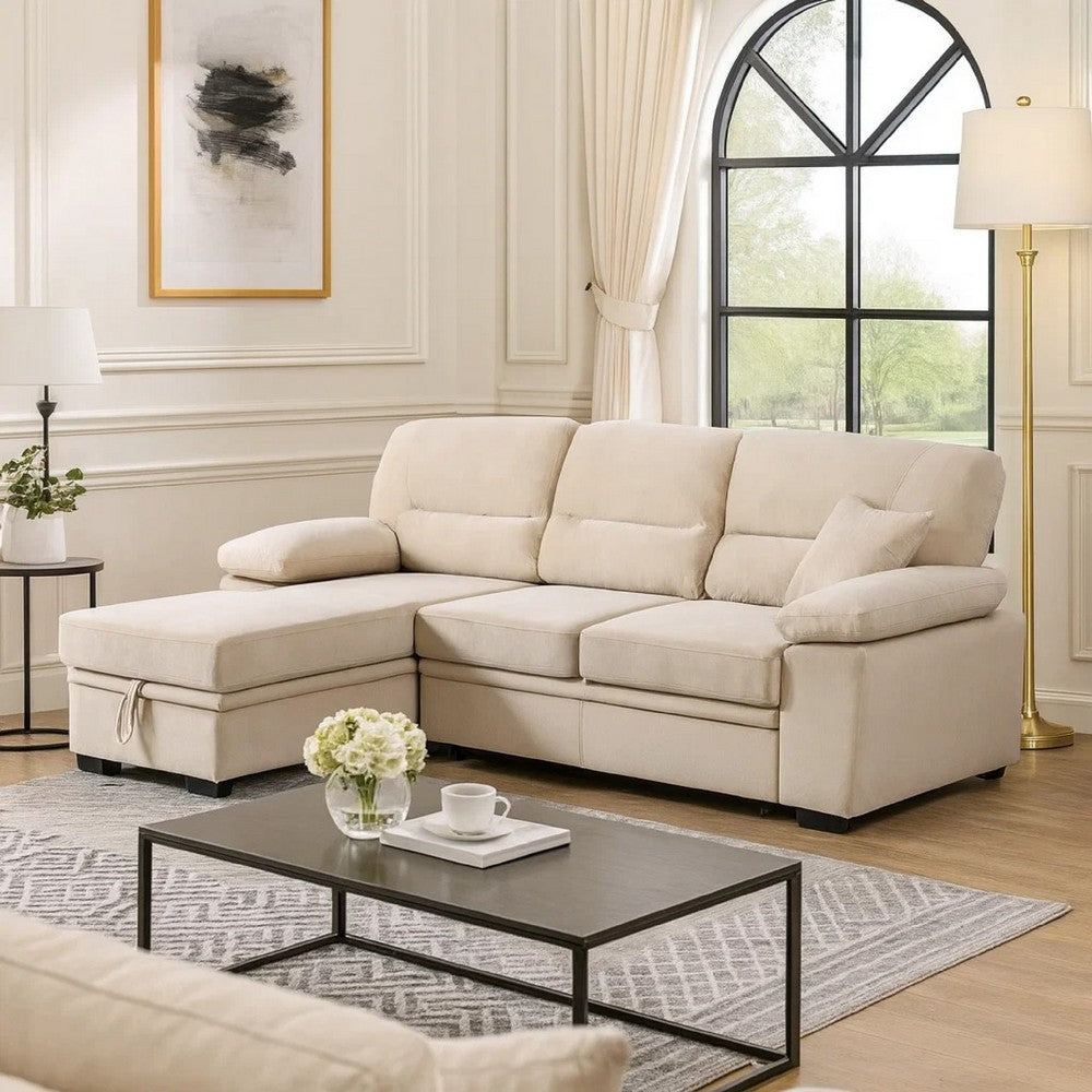 Exie 98 Inch 2 Piece Sectional Sofa, Pull Out Bed, Storage, Beige Velvet