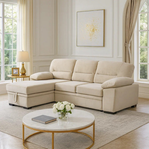 Exie 98 Inch 2 Piece Sectional Sofa, Pull Out Bed, Storage, Beige Velvet