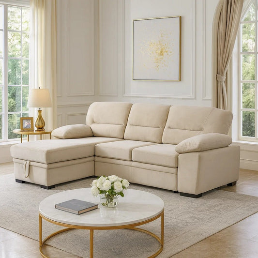 Exie 98 Inch 2 Piece Sectional Sofa, Pull Out Bed, Storage, Beige Velvet